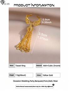 1pc Fantasy Gold Plated Tassel Cubic Zirconia Engagement Rings For Women Glamorous Wedding Queen Openable Ring For Anniversary Party Jewelry Gift - Yellow Gold - View 3