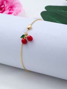 1pc Creative Minimalist Red Cherry Pendant Heart Shaped Women Chain Bracelet