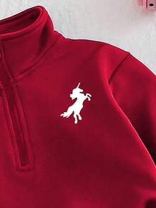 Chatreadl Set de 2 piezas de sudadera y pantalones de unicolor con bordado de unicornio para niñas, diseño minimalista, cómodo para primavera, otoño e invierno - Rojo - Ver 6