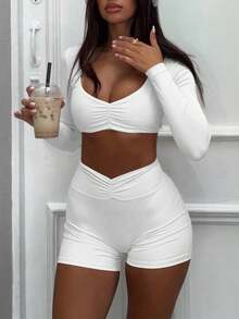 2pcs/Set Women Casual High Stretch Pink Ruffle Collar Long Sleeve Cropped Top And Shorts White Spring - White - View 3