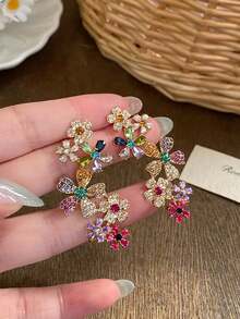 1 对时尚派对彩色花卉水晶玻璃奢华高端小众设计软骨夹耳环，独特美丽夸张优雅女士耳环 - 彩色 - 查看 3