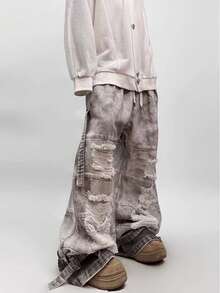 Abandoned Soil Style High Street Tie Dye Ripped Jeans For Men And Women, American Hip-Hop Retro Distressed Washed Jeans, High Street Loose Mud Dye Workwear Wide Leg Pants - Xám - Xem 2