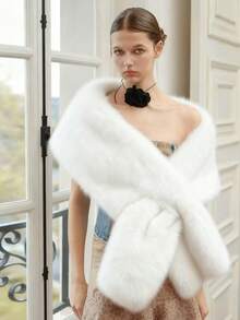 1件女士加厚仿狐狸毛披肩，适合新娘礼服，黑白配色，奢华仿皮草保暖配饰，适合圣诞节、派对、优雅装扮 - A - 查看 13