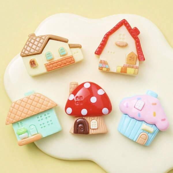 4pcs/8pcs New Colorful House & Tree Resin Small Toys DIY Accessories, Cream Resin Decor Pendant, DIY Fridge Magnet