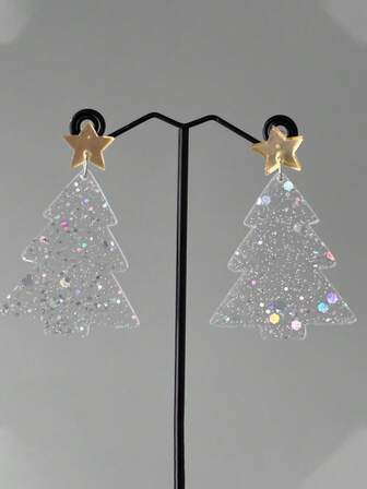 1 Pair Fashionable Christmas Tree & Star Acrylic Dangle Earrings, Christmas Decoration, Suitable For Women's Holiday Party Wear, Perfect Christmas Gift For Friends