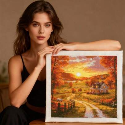 SNA Kit de bordado de punto de cruz con patrón de pintura de paisaje, estilo 2025 - Kit de manualidades de bordado para adultos principiantes, incluye aguja de perforación, accesorios de costura, hilos de bordado, patrones de costura, suministros de artesanía de ganchillo