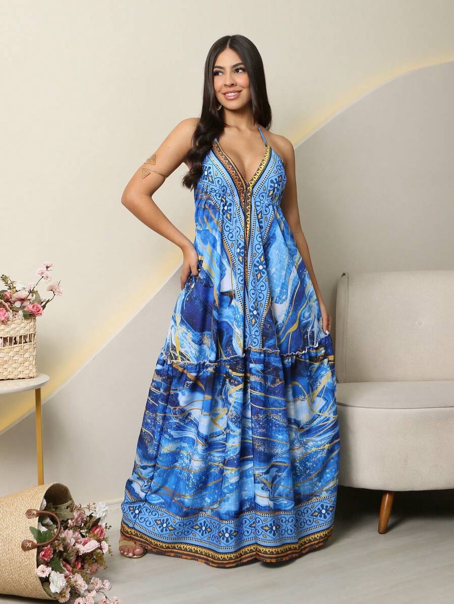 SUMMER DRESS WITH VARIOUS COLOR PRINT, LONG VISCOLINHO, OPENING ON THE BACK, V-CUT, STRAPS - Royal Blue - View 1
