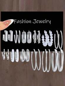 48pcs/Set Minimalist Metal C-Shape Faux Pearl Hoop Earrings Set, Unisex Couple Casual Daily Party Accessory, Gift For Friends, Mom, Girlfriend - 銀色 - 查看 5