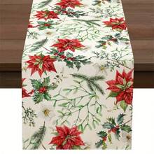 1 Set Leinen Weihnachts-Tischläufer, entworfen mit einem Poinsettia-Muster mit Tannenzweigen, Stechpalme und Beeren als Verzierungen, strapazierfähige Polyester rechteckige Tischdecke, Weihnachtsdekoration geeignet für ländliche Feiertags-Dekoration