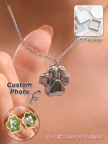 1pc Customized Photo Necklace, Gift Box Packaging, Stainless Steel Cute Cat Paw Print Photo Locket Necklace, Personalized Jewelry For Women, Family, Friends, Pets, Birthday, Memorial, Thanksgiving Gifts - Multicolor - View 4