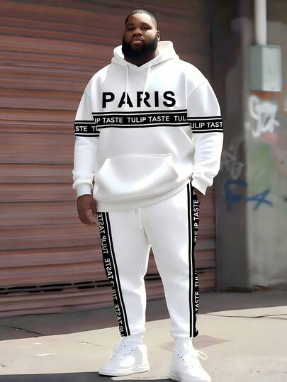 ZhuYa Fashionable Colorblock Striped Plaid Patchwork & "PARIS" Letter Graphic Hoodie & Sweatpants Set, Plus Size Loose Fit, Comfortable Casual Sports Tracksuit For Plus Size Men, Streetwear Athleisure, Autumn/Winter