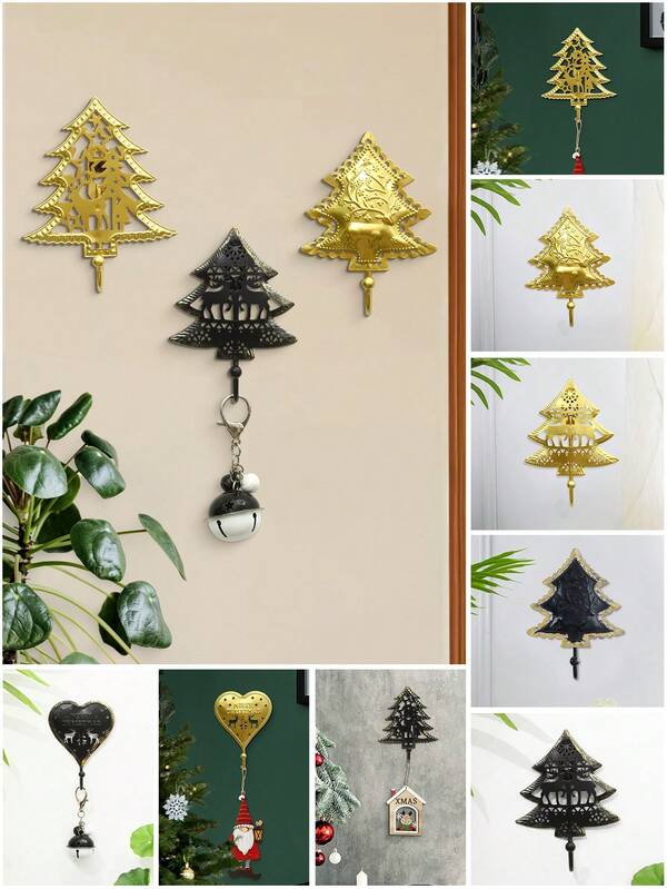 1pc Creative Minimalist Christmas Tree & Heart Shaped Metal Hollow Deer Hanging Hooks, Gold And Black Color, Suitable For Christmas Home And Party Decoration, Indoor Christmas Decorations