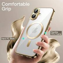 Funda Magntica para 17 6.3 Pulgadas, Proteccin Completa Lente Cmara, Compatible con, Marco TPU Suave Galvanizada con Respaldo PC Dura Claro Oro - Oro - Ver 6