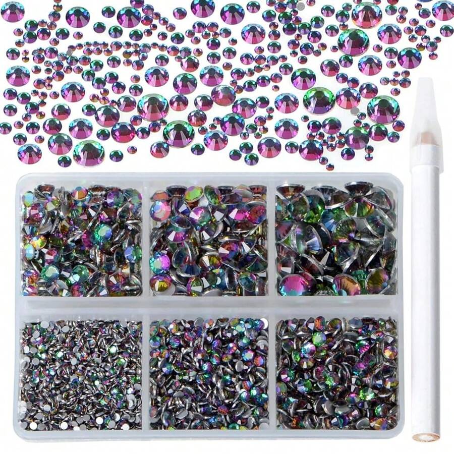 Bymitel 5000 Pieces 6 Mixed Sizes Glue Fix On Glass Rhinestones Round Crystal Gems Flatback For DIY Jewelry Making With One Picking Pen(6-Sizes 5000PCS, Green Volcanic){"Color_name":"GreenVolcanic","Size_name":"6-SIZES5000PCS"} - 綠色火山6尺寸5000件 - 查看 1