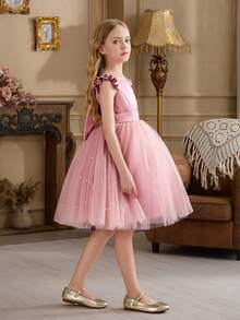 少女粉色短袖薄纱手工串珠蝴蝶结圣诞派对优雅礼服，公主裙，适合女孩生日派对、宴会、舞会、花童婚礼、感恩节、毕业典礼等场合。 - 粉色 - 查看 6
