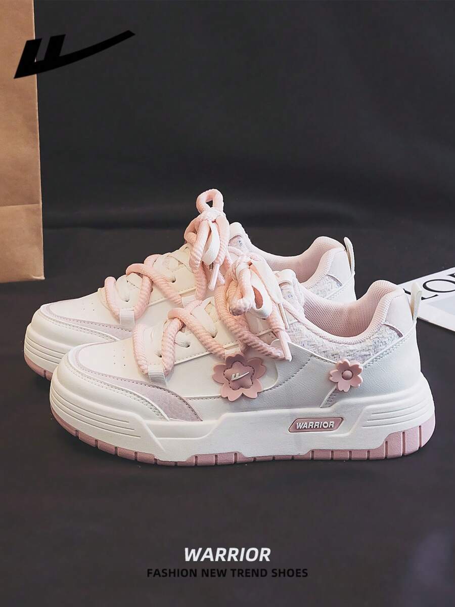 WARRIOR 1 Pair Women's Lace-Up Design Casual Skateboard Shoes, Low-Top Leisure Shoes, Outdoor Flat Shoes, Summer Breathable Shoes, Versatile Lightweight Skateboard-Inspired Athletic Sneakers, Fashionable & Comfortable Women's Canvas Sneakers, Women's Thick-Soled Canvas Sports Shoes, Street Style Athletic Shoes, Low-Top Lightweight Soft-Sole Sports Shoes