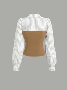 Women's Thin Striped Patchwork Elegant Casual 2-Piece Set, Long Sleeve Top And Pants, Suitable For Office And Home, Spring/Summer/Autumn - Brown - View 3