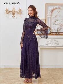 Royal Purple Sequin Beaded Embroidered Dress For Women, Rose Pattern Lace Hem, Long Sleeve Dress - Purple - View 4