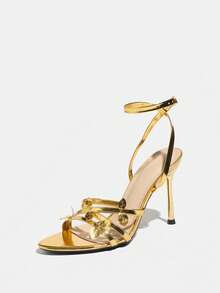 Women's High Heel Sandals With Leaf Decor, Pointed Toe, Metallic Finish, Comfortable Material, Suitable For Parties, Travel, Dates, Formal Events, Sexy And Sophisticated, Gold Color High Heel Sandals