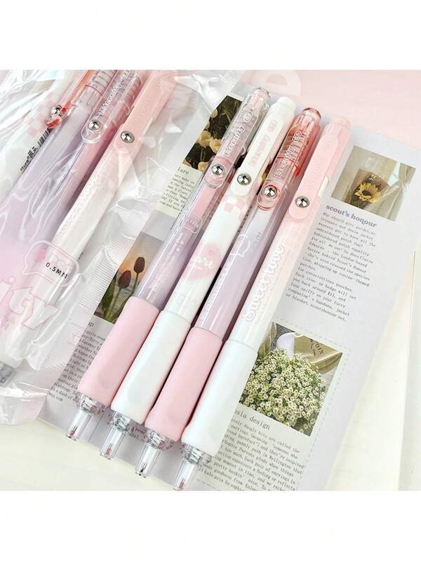 4 Pieces Of Pink Vibration-Proof Push-Button Ballpoint Pens, ST Tip 0.5mm, Quick-Drying Carbon Ink, With High Appearance Quality And A Girlish Charm. Suitable For Students As A Water Pen For Doing Homework, For Signing In The Office, And A Must-Have For Students. Ballpoint Pen.