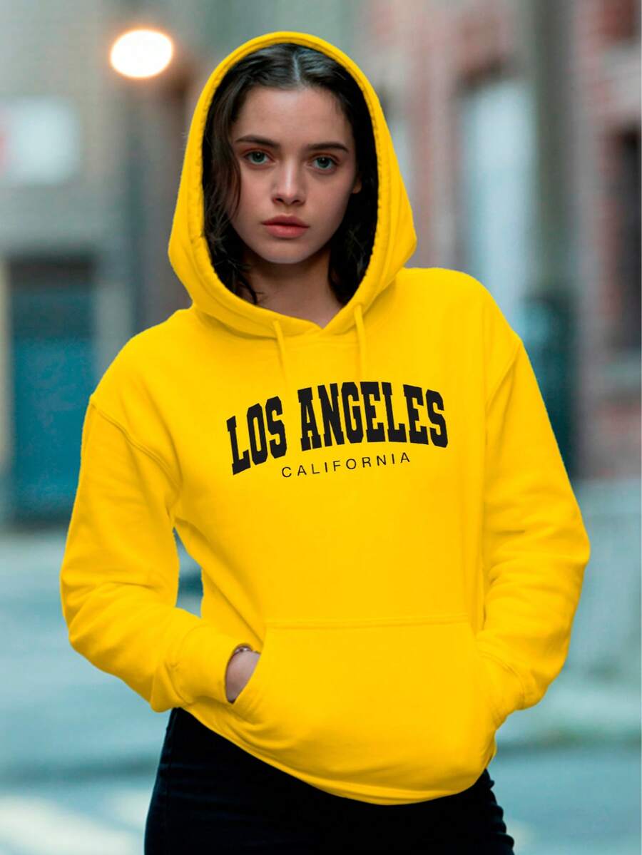 sudadera para mujer modelo LOS ANGELES hoodie con gorro y canguro estampado calientita para el frio - Amarillo - Ver 1