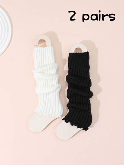 2 Pairs Girls' Fashion Versatile Frill Trim Solid Color Knitted Vertical Striped Warm Leg Warmers, Suitable For Autumn/Winter