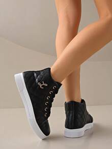 1 双女式高帮休闲运动鞋，百搭平底经典运动鞋，女式白色鞋 - 黑色 - 查看 5