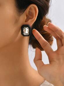 Rhinestone Decor Stud Earrings - Black and White - View 3