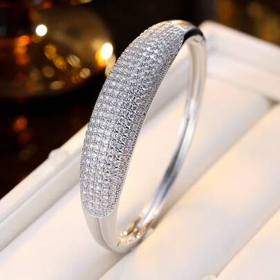 Fashionable Elegant Versatile Cubic Zirconia Inlaid Adjustable Open Bangle Bracelet For Women (No Box)