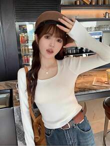 女式方领长袖针织毛衣，修身叠穿上衣，秋冬