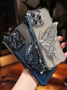 奢华电镀透明手机壳，带蝴蝶亮片支架，水钻闪耀风格，硅胶防震软壳，兼容 16/16E/16 Pro/16 Pro Max/16 Plus/15/14/13/12/11/X/XS/XR/8/7、Galaxy S25/S24/S23/S22/S21/A55/A54/A53/A52/A35/A34/A23/A16/A15/A14/A13/A12/A05S/FE/Ultra/4G/5G、Redmi/Honor/MOTO/OPPO/Infinix 等手机，防水、防震、防刮。
