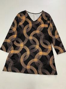 Women's Plus Size Early Autumn Long - Sleeve V - Neck Dress, Geometric Gold - Print, Ideal For Casual & Evening, Must - Have Fall Wardrobe, Stylish Autumn Outfit