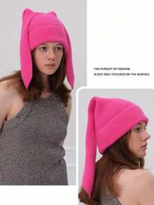 قبعة محبوكة بلون واحد للنساء، بوهيمي عصري أنيق لحفلات الشارع الموضة الخريفية/الشتوية دافئة وسميكة بأذن أرنب جذابة، مناسبة للاستخدام الخارجي