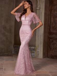 EVERLYL Elegant Luxury Lotus Pink Embroidered Sequins & Rhinestones Evening Deep V-NeckDress, Ruffle Sleeves Formal Prom Gown, For Wedding Guest, Graduation, Dinner - Pink - View 3