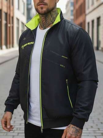 Chaqueta reversible para hombres en negro y verde neón - Estilo deportivo casual, de poliéster, con cremallera y cuello alto, mangas largas, bolsillos, ideal para senderismo y atuendo casual, ropa de senderismo | Chaqueta con cremallera moderna | Detalles de cremallera, otoño