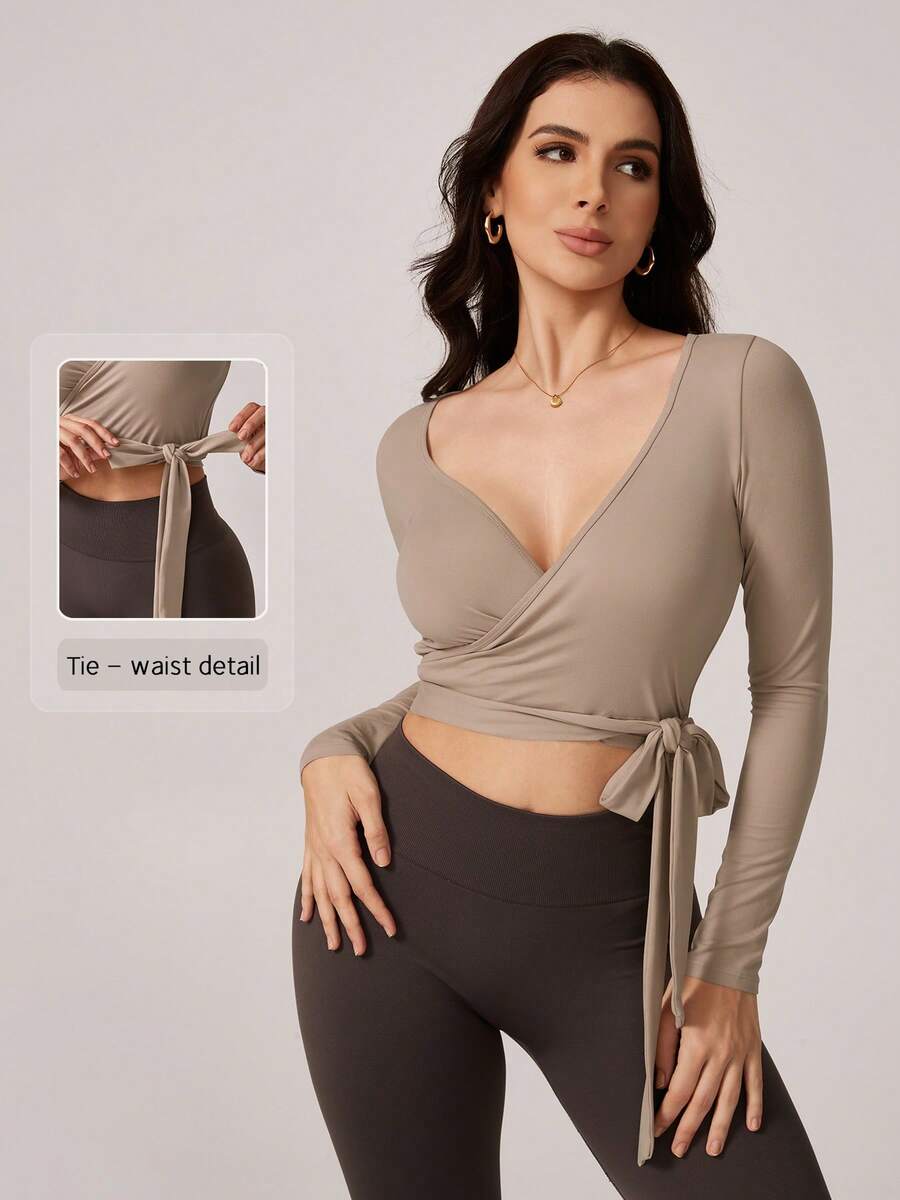 NcmRyu 1 件女式弹力性感 V 领系带扭结短款长袖运动 T 恤 - 卡其色 - 查看 1