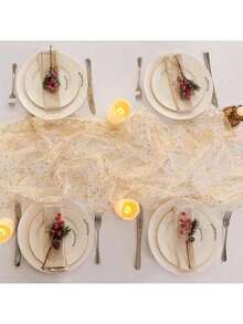 6Pcs 10 Ft Gold Table Runners, Sheer Chiffon Tulle Cheesecloth Golden Sequin Glitter Metallic Foil, Gold Party Table Decoration Centerpiece Wedding Birthday Anniversary - 金色 - 查看 7