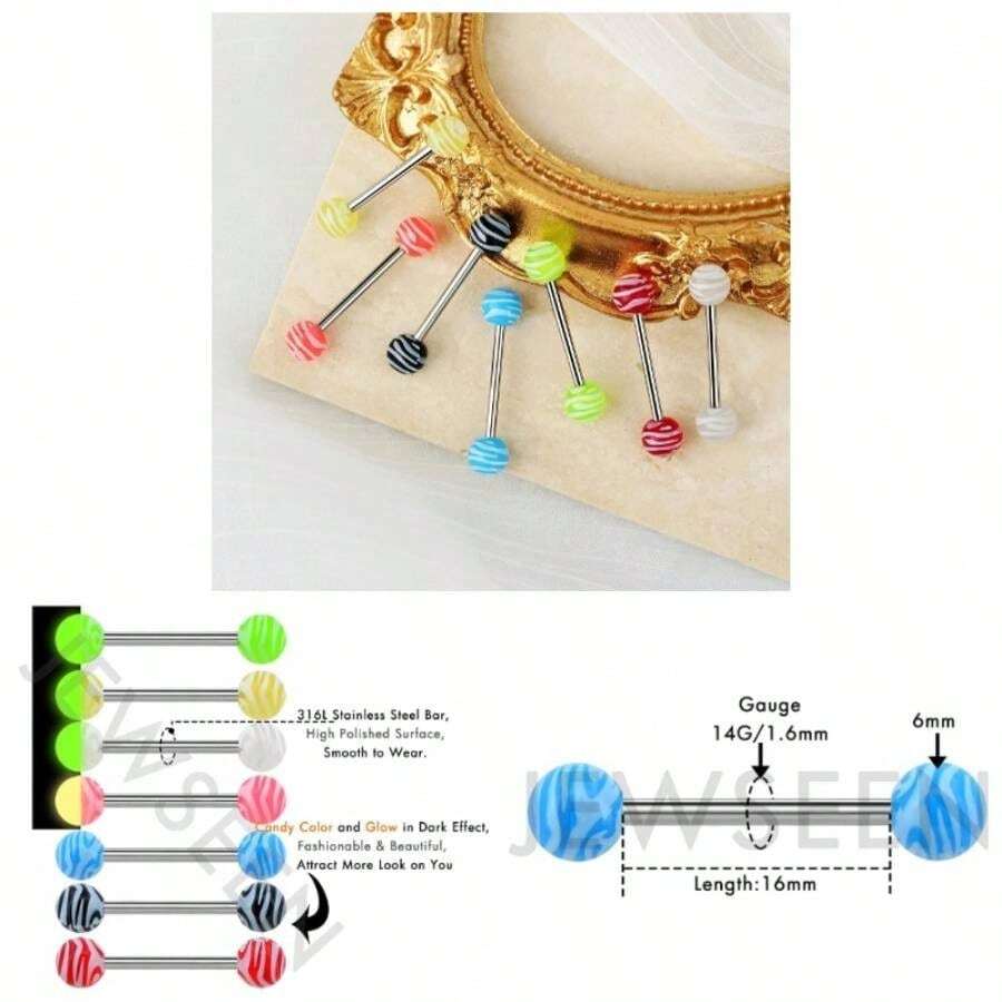 7Pcs 14G 316L Stainless Steel Tongue Bars Candy Color Tongue Piercings Glow In Dark Tongue Barbell - ban đầu - Xem 1