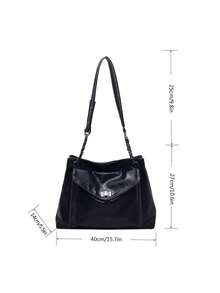 Women's Fashion Large Capacity Shoulder Tote Bag, Minimalist Solid Color Handbag, Crossbody, Work Bag, Travel, Versatile Chain Strap Bag - Black - View 6