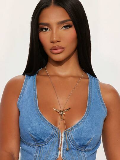 1pc Bohemian Western Style Alloy Bull Head Pendant Long Necklace, Sweater Chain, Lange Ketting, Pendant Necklace (Pendant Not Detachable)