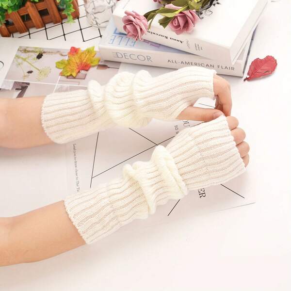 1 Pair Women's Long Fingerless Gloves, Warm Arm Sleeves, Fashionable Casual Soft Gloves For Winter