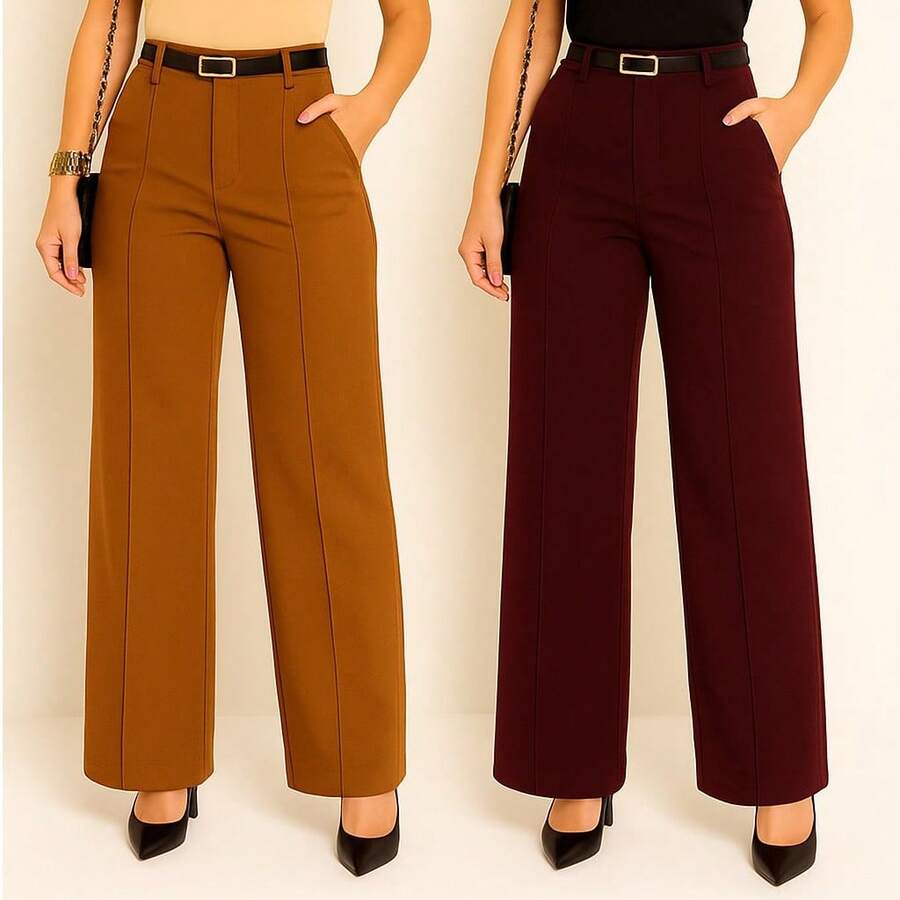 Kit 2 Women's Wide Leg Pants With Belt - 葡萄酒/焦糖 - 查看 1