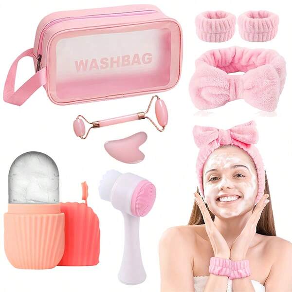 8 Stück Gesichtsreinigung & Massage Set, inklusive wiederverwendbarer Silikon Gesichts-Eisroller, Doppelkopf-Roller und herzförmiges Gua Sha Board, Gesichtsreinigungs-Silikonbürste, Waschkopfband und 2 Armbänder, sowie Waschorganizer Tasche, tragbares Hautpflege-Set.