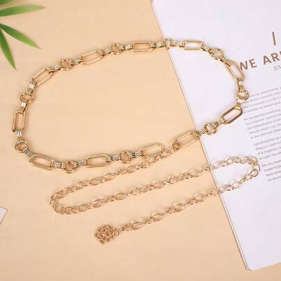 1 Stück Damen Taillengürtel Kette, modischer geometrischer Metall Einschicht goldfarbener Europäischer und Amerikanischer Bestseller Dekorations Kleid, INS Stil Metall Taillenkette Accessoire, einfache Mode glatte Kette Dekorations Taillengürtel, V-förmiger Muster Lässig Zinklegierung Taillengürtel, ganzjährig beliebt