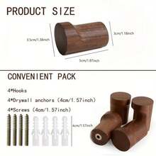 8件套胡桃木墙钩 - 传统手工木制衣帽钩，外套钩 - 可调节、简约、节省空间、防滑设计 - 安装简便，多功能家居装饰，可悬挂外套、毛巾、包包、帽子 - 安装方便。多功能装饰墙面收纳架，理想的家居收纳用品，节省空间，适用于家庭、玄关、走廊、浴室、卧室、宿舍。 - 彩色 - 查看 4