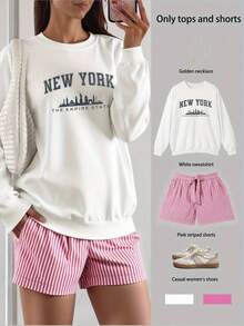 Set casual para mujer con sudadera holgada de manga larga cuello redondo estampado ciudad y letras + shorts a rayas con cordón, primavera/verano, uso diario - Blanco - Ver 1