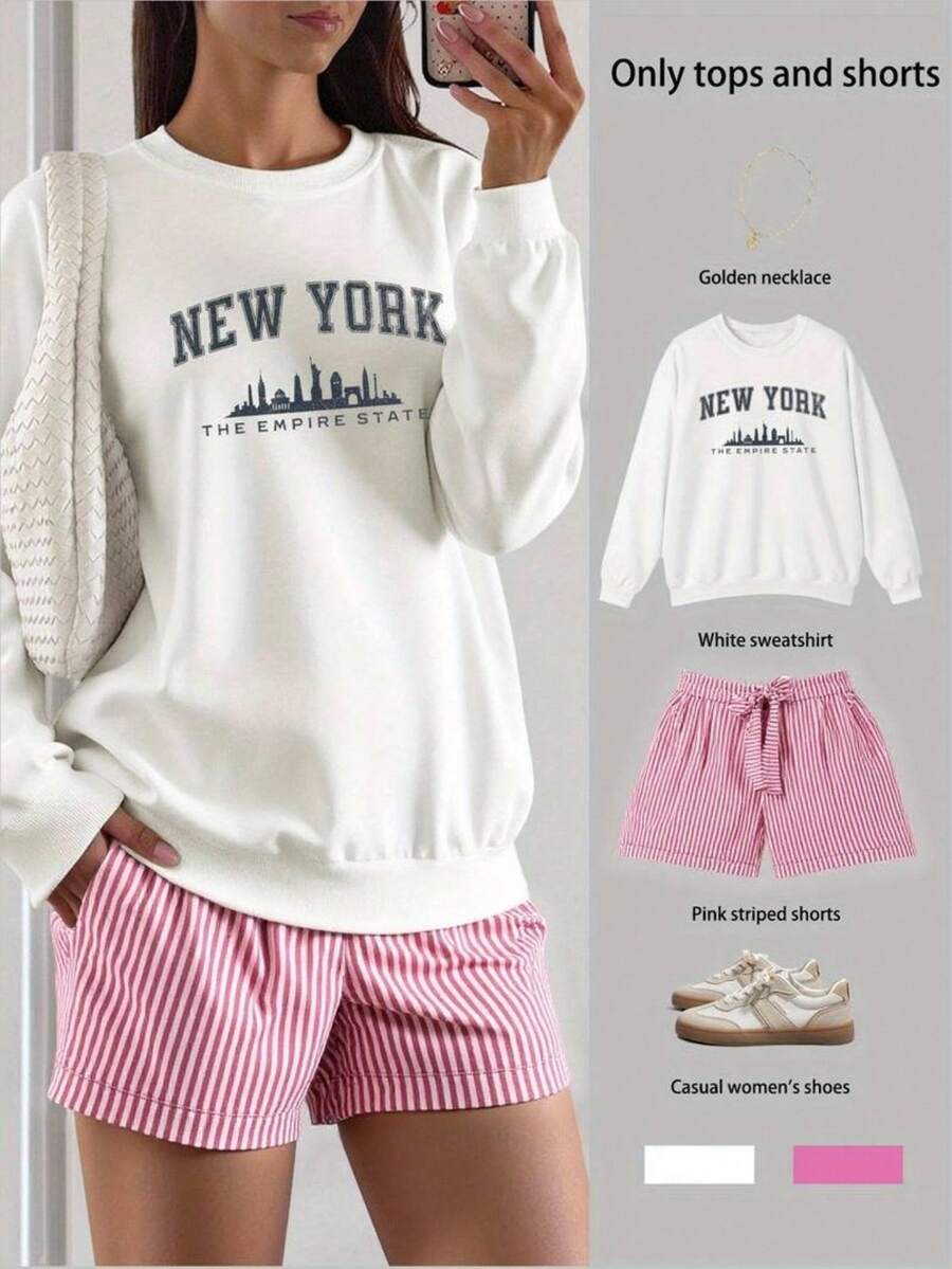 Set casual para mujer con sudadera holgada de manga larga cuello redondo estampado ciudad y letras + shorts a rayas con cordón, primavera/verano, uso diario - Blanco - Ver 1