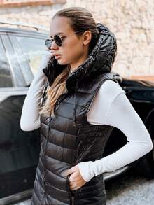 Long Hooded Quilted Vest For Women, A Lightweight And Warm Transitional Vest With A Comfortable Style, Double Zipper And Practical Pockets, Perfect For Everyday Looks, Walks And Travel In Autumn And Spring - Black - View 3