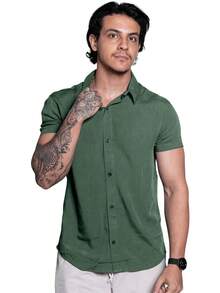 Linen Shirt Short Sleeve Formal Summer Fresh Italian Collar Elegant In Visco-Linen - Green - View 4
