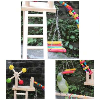 Wooden Bird Playstand Gym - Parrot Playpen With Ladder, Swings, Windmill Stainless Steel Tray - Large Perches Parakeets, Cockatiel Lovebirds